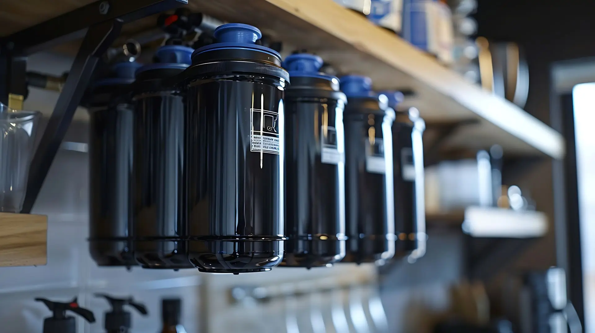 Rows of filter housings on a shelf