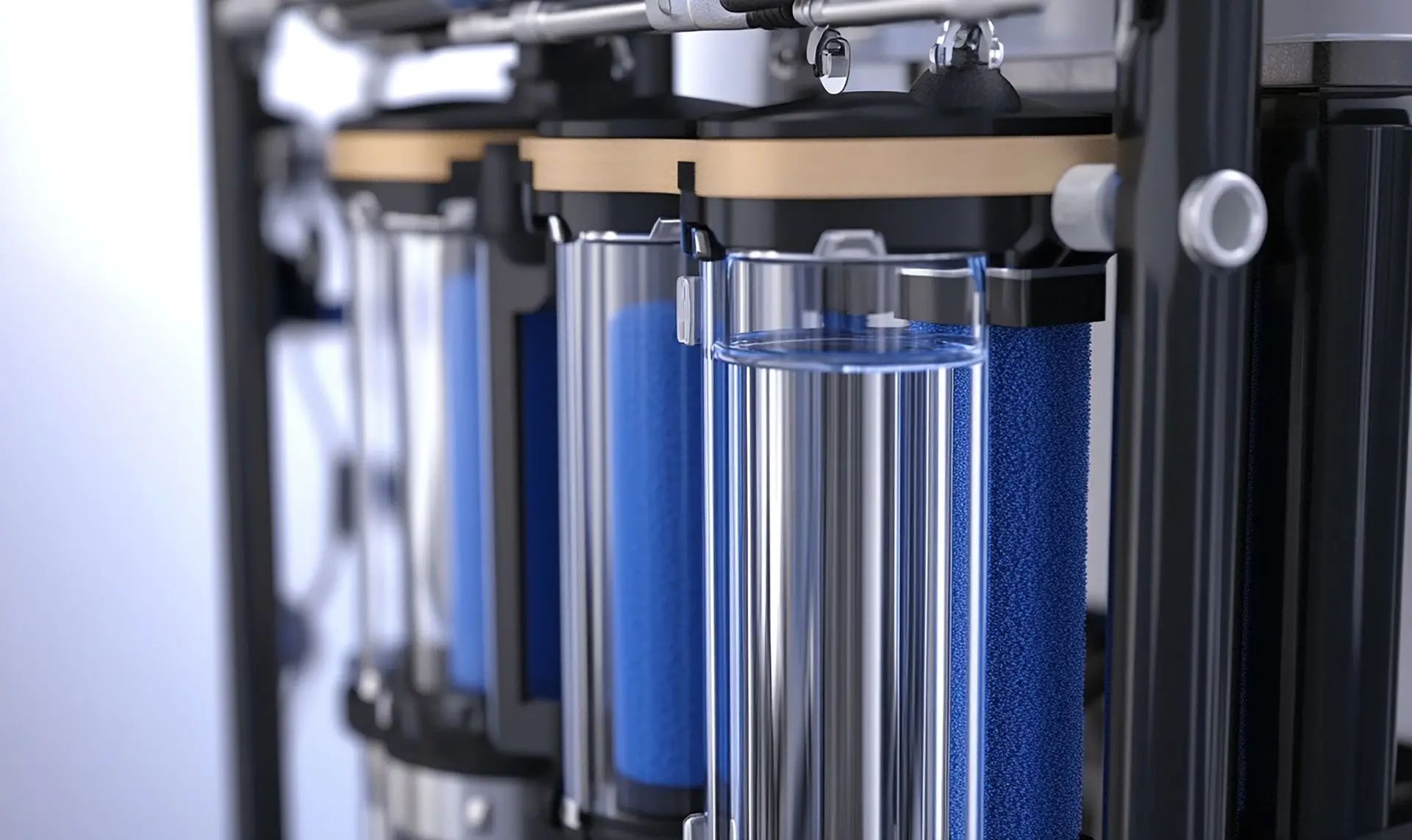 Multistage filter housings on a fabricated rack